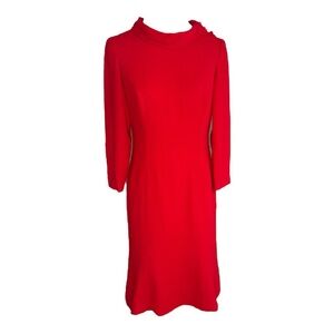 CAROLINA HERRERA Red Silk Midi Dress Sz 4 3/4 Sleeves Buttons Neck Party Holiday